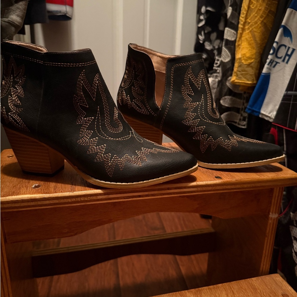 Embroidered Black Ankle Boots